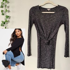 Eyeshadow Grey Ribbed Side Slit Long Sleeve Top